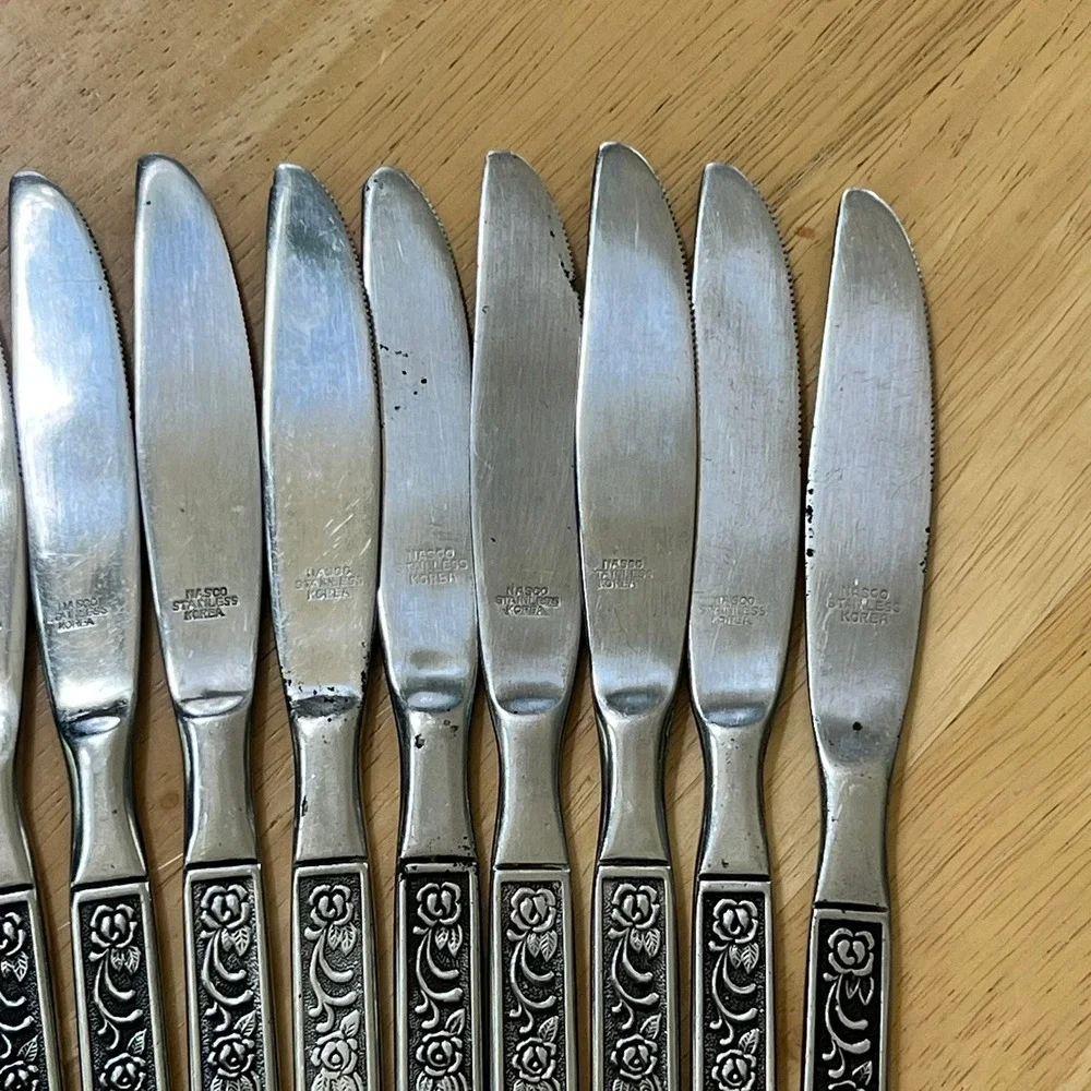 Vintage Nasco Stainless Korea Floral Rose Castellano Dinner Knives Set of 14